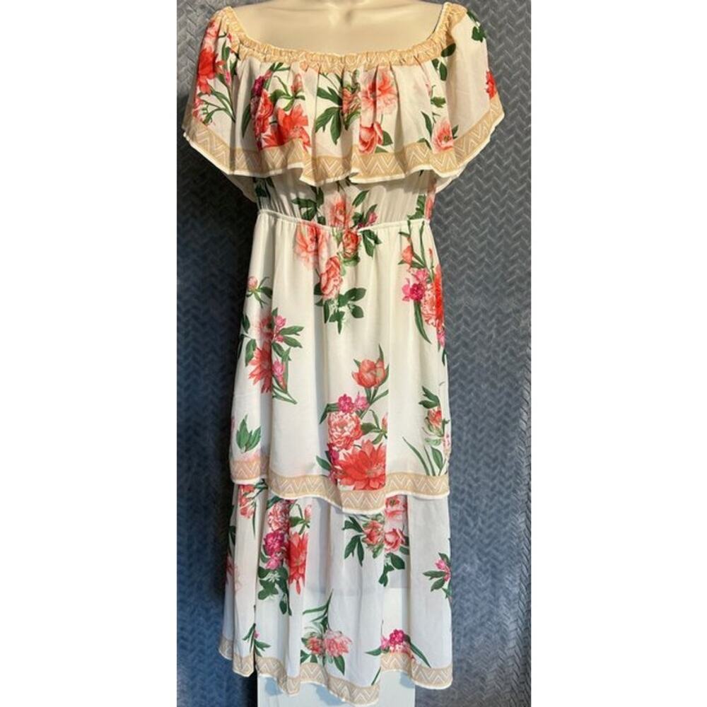 LULUS Floral Tiered Dress Sz S Whimsical Fairy Cottagecore Ruffled Off Shoulder
